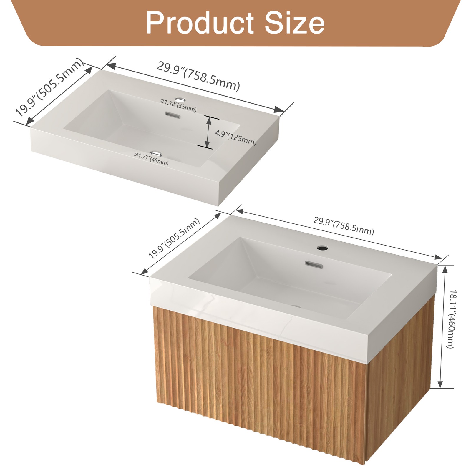 30″ Floating Bathroom Vanity with Integrated Sink, Acacia Plywood Cabinet