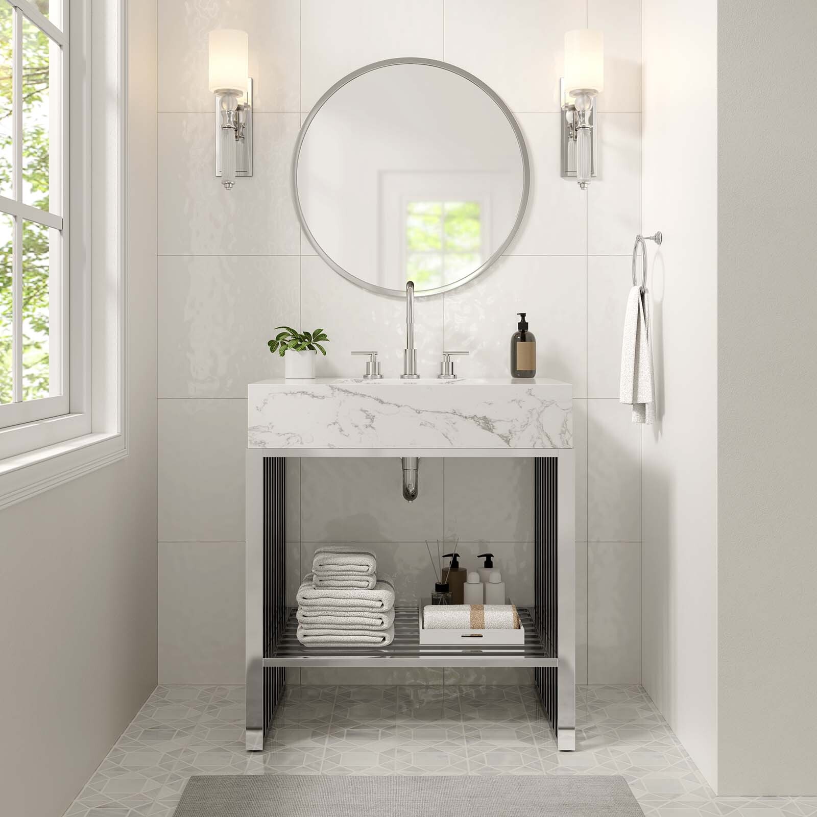 Modway Gridiron 30″ Bathroom Vanity in White Silver