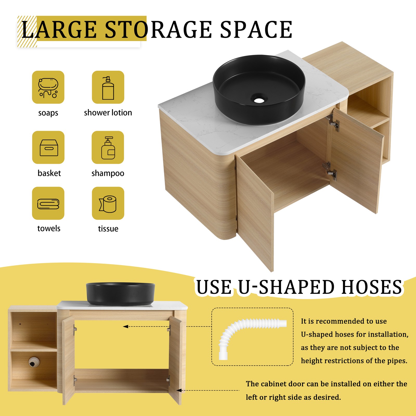 42in Plywood Floating Bathroom Vanity W/Black Ceramic Basin Sink Storage Shelves