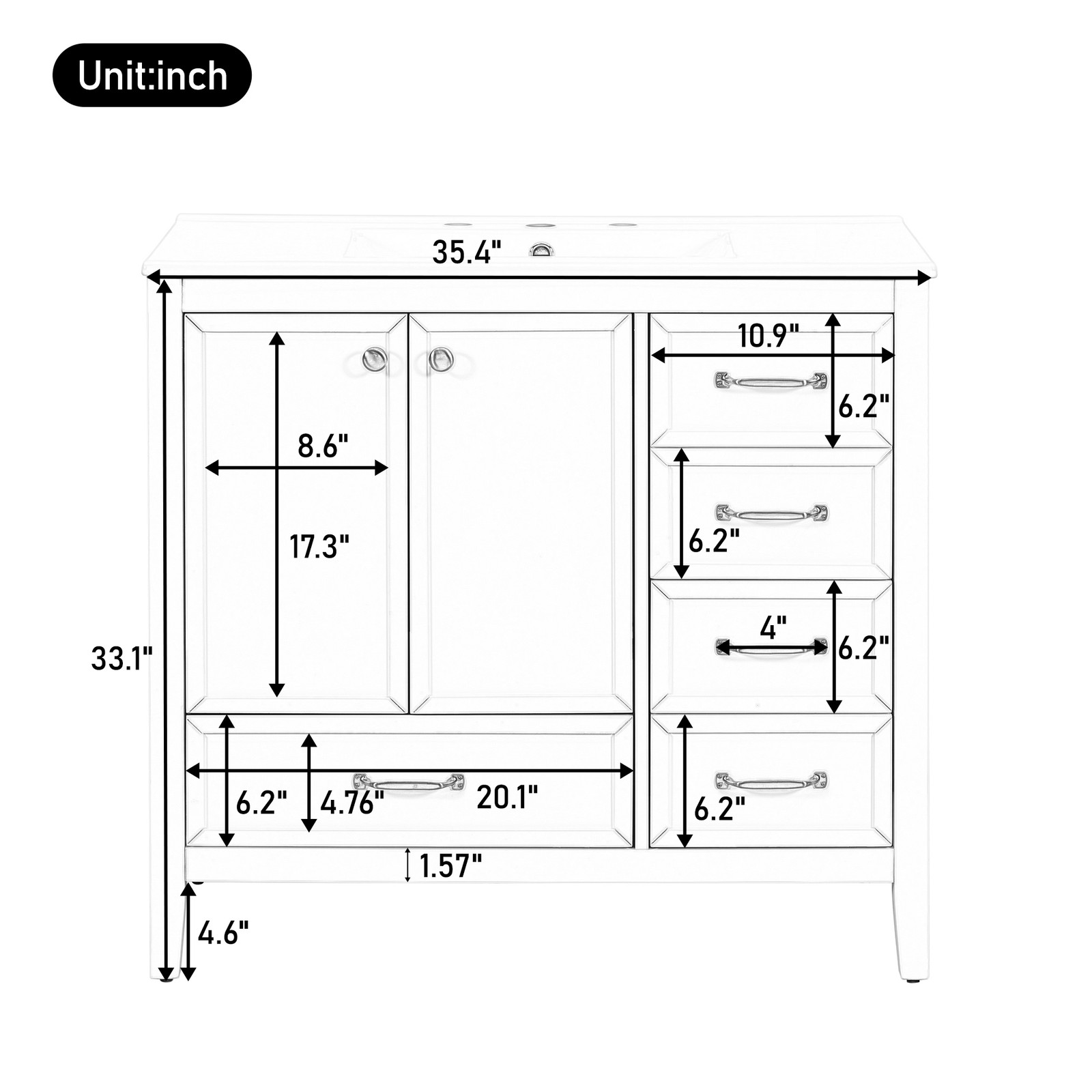 36″ Bathroom Vanity with Ceramic Sink Wood Storage Cabinet w/Soft-Closing Door