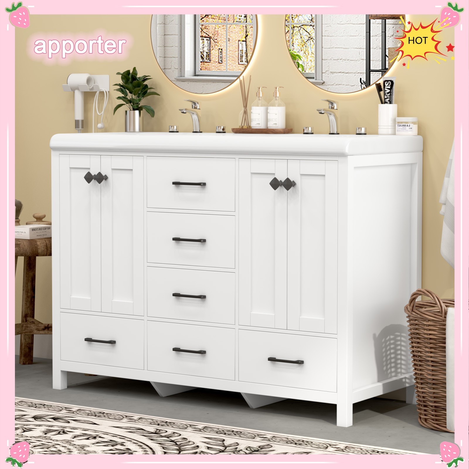 47in Bathroom Vanity &Sink,Freestanding Vanity Storage Cabinet,6 Drawers,2 Doors