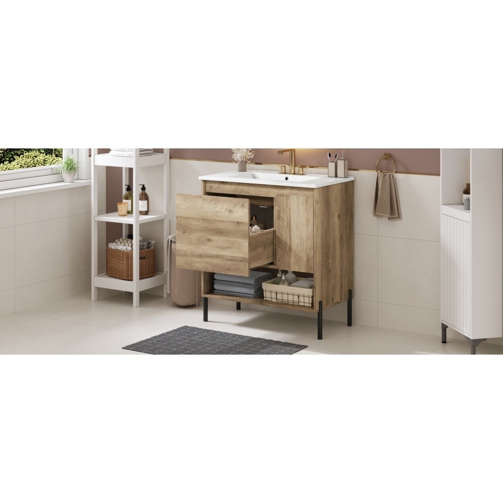 Wooden Bathroom Cabinet Sliding Drawers Ceramic Basin Countertop Open Shelving