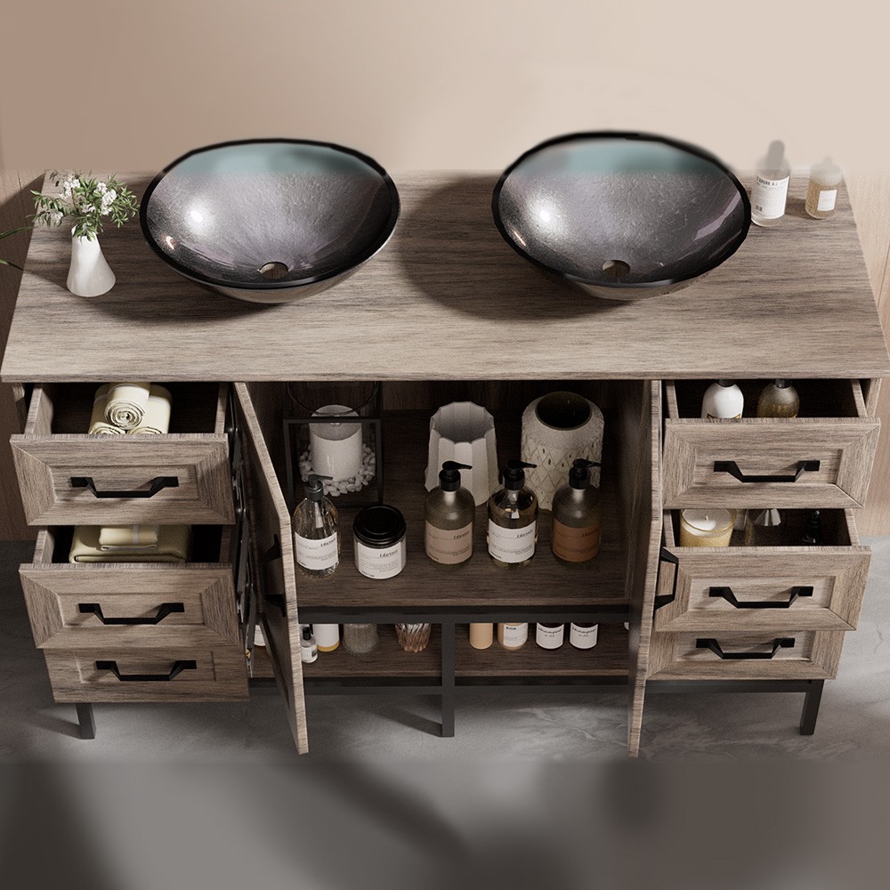 48″ Bathroom Vanity Cabinet w/ Tempered Glass Vessel Sink White/ Grey/ Oak