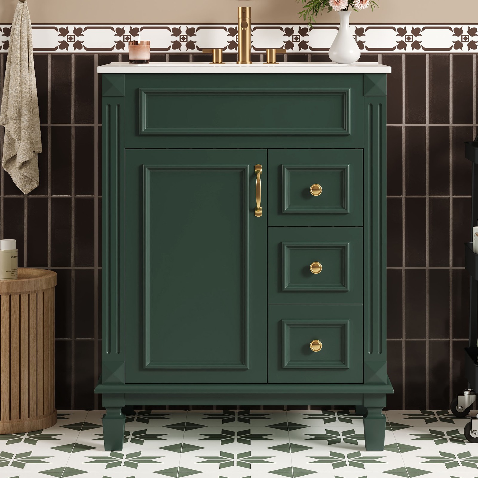 24″ Bathroom Vanity w/Ceramic Sink, Small Bathroom Sink Cabinet with 2 Drawers