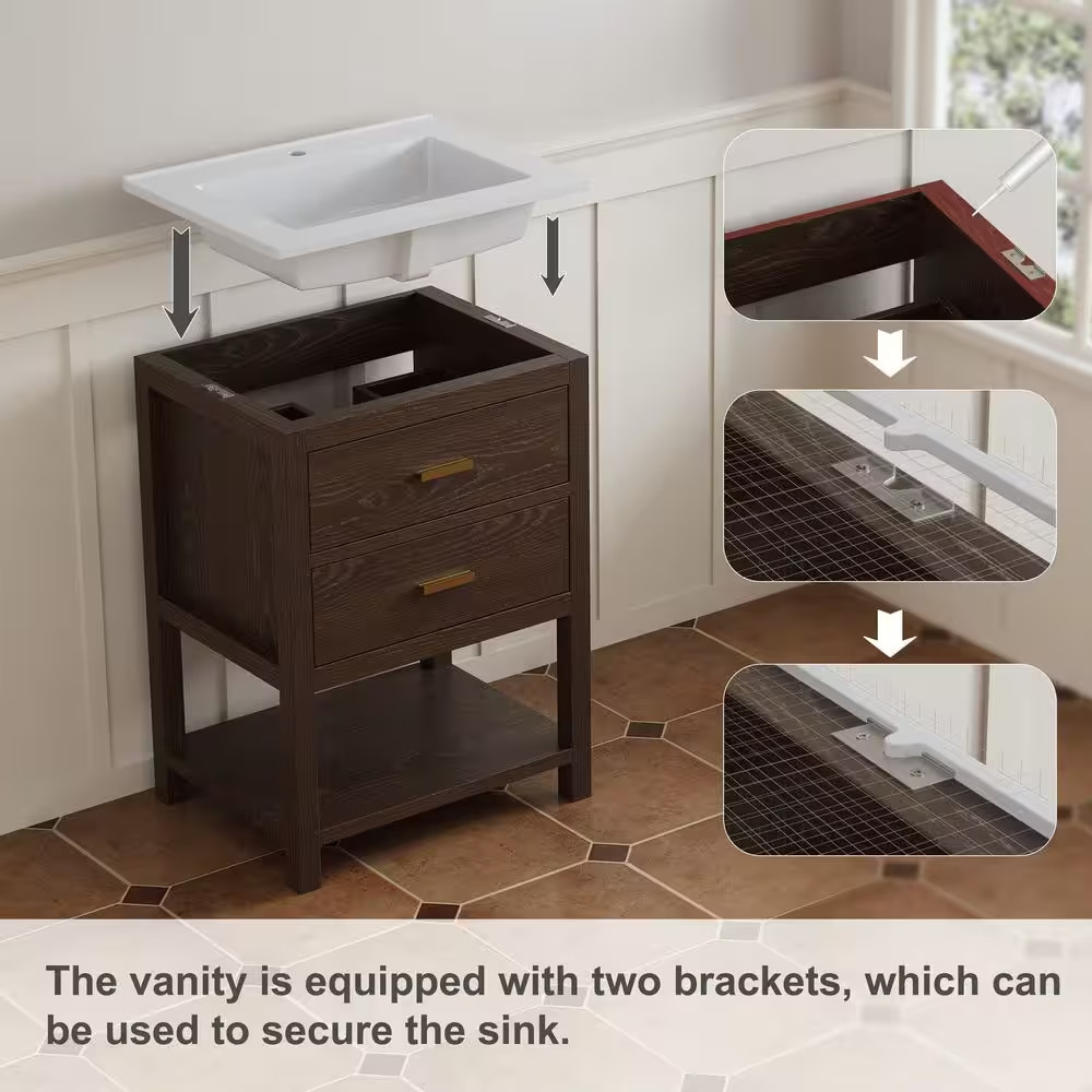 Magen 25 In. Single Sink Bath Vanity in Walnut with White Engineered Solid Surfa