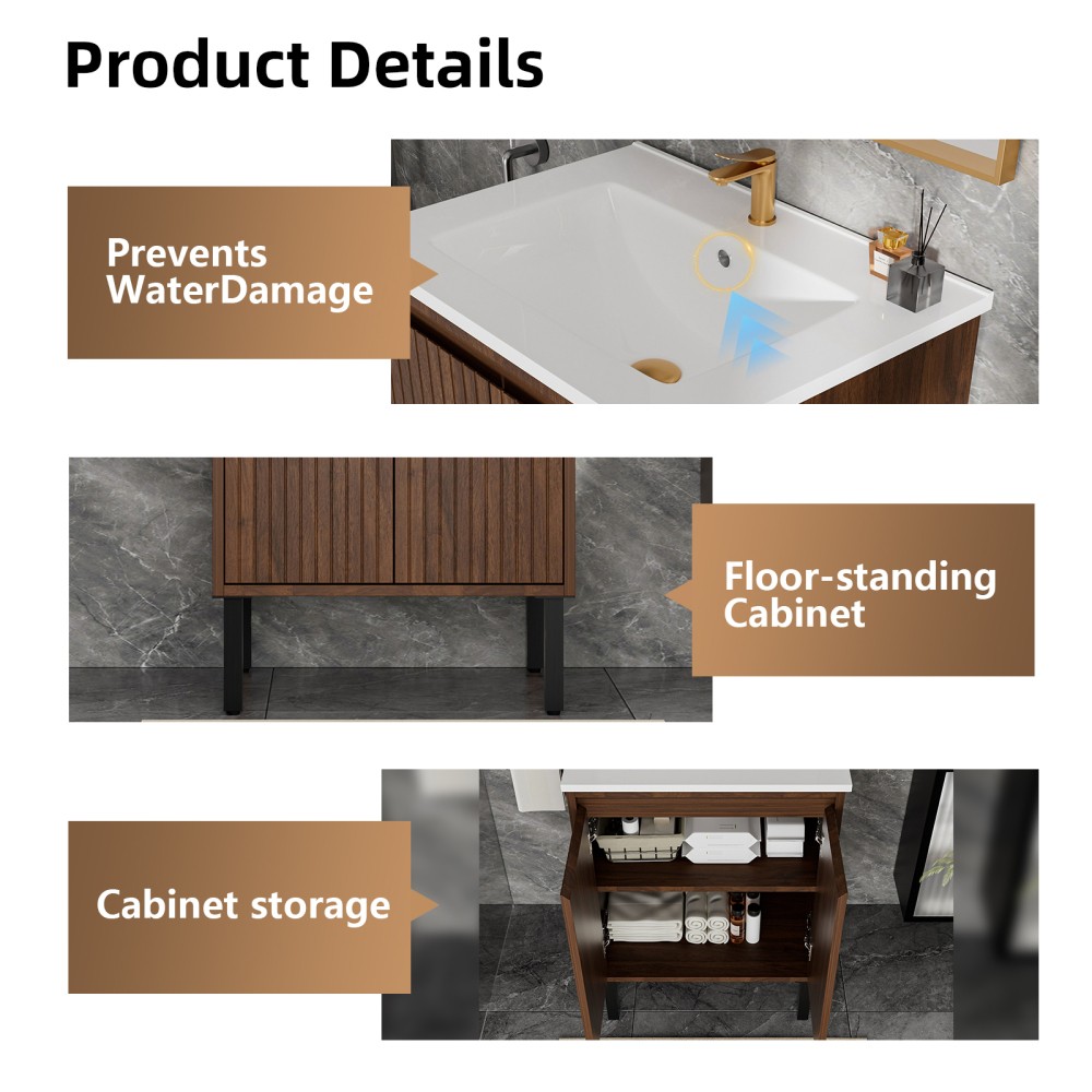 24″ Floor-Standing Bathroom Vanity – White Sink Soft-Closing Drawers Oak Finish
