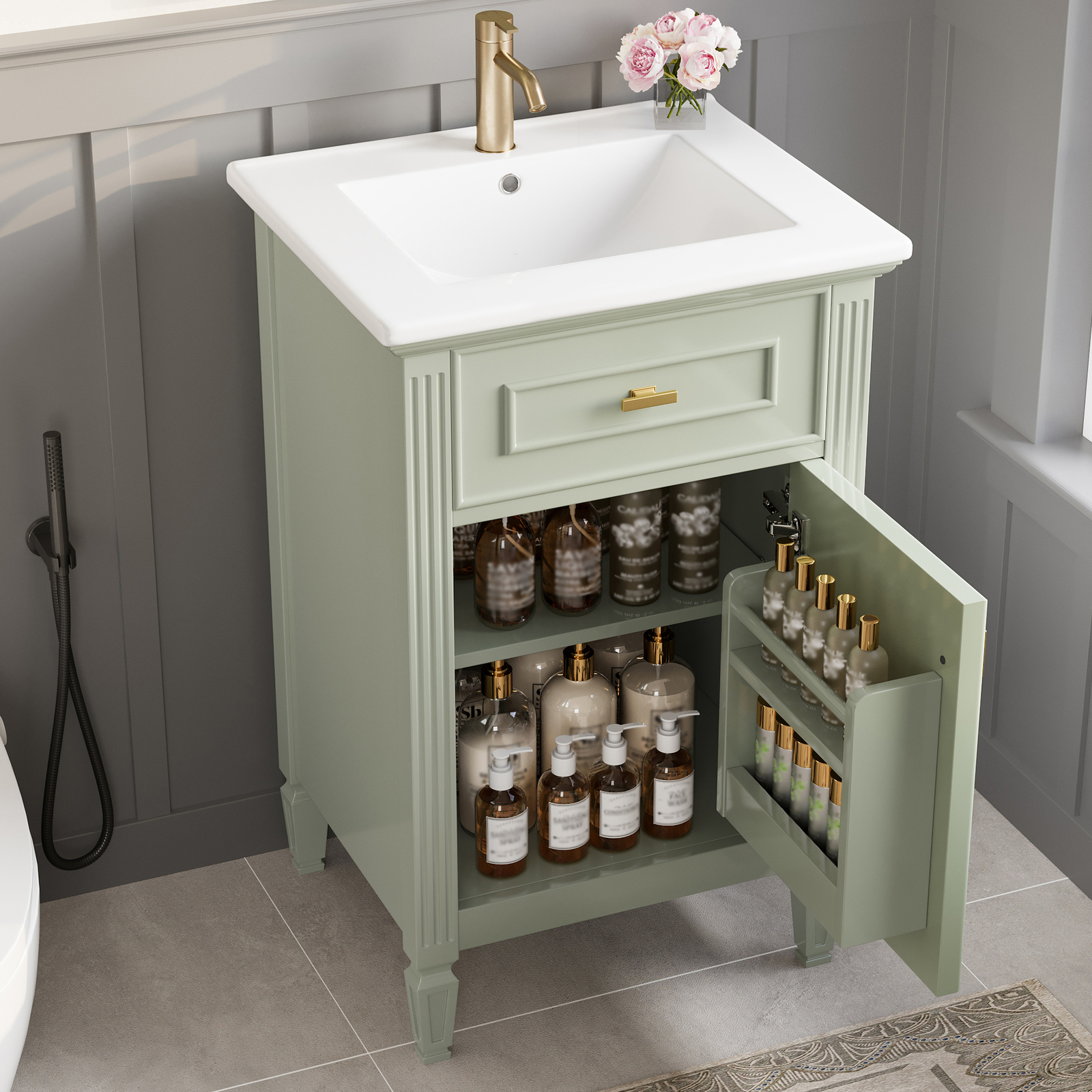 20″ Bathroom Vanity w/Ceramic Sink Modern Storage Cabinet w/Adjustable Shelf