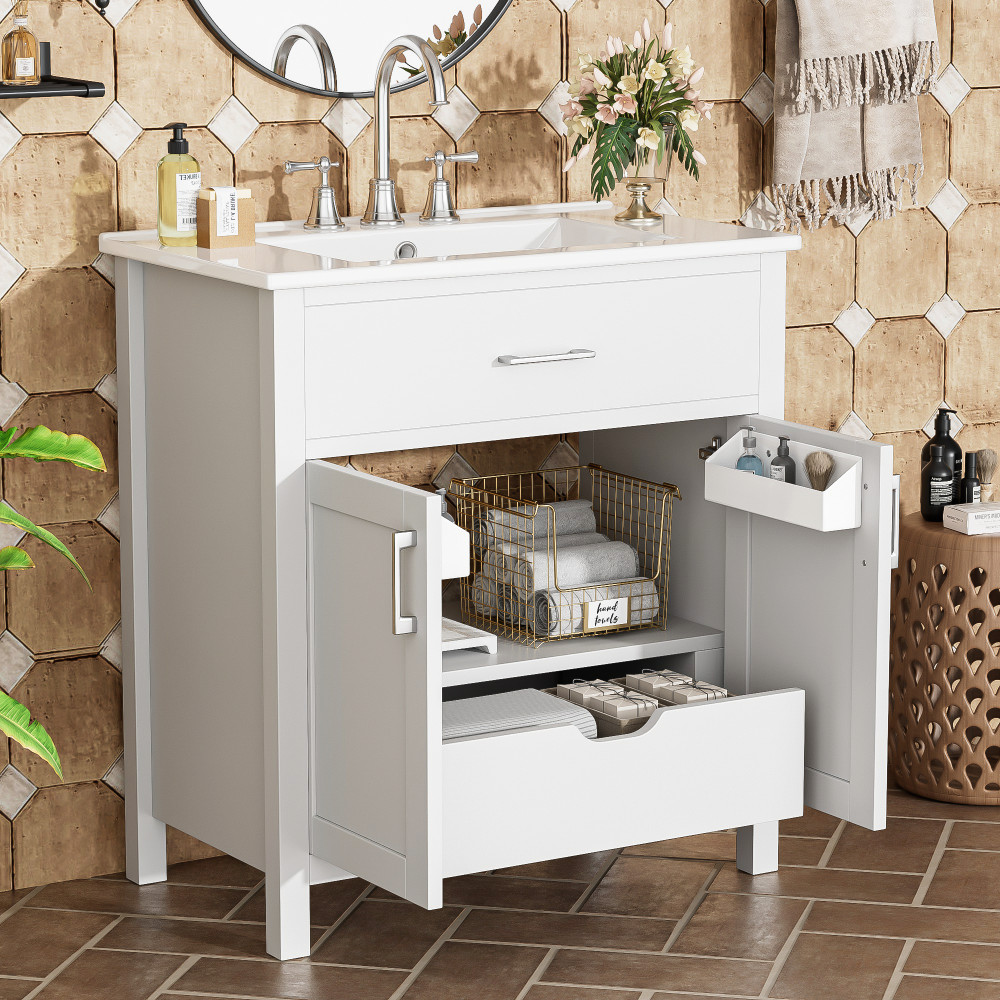 30″ Bathroom Vanity Ceramic Sink Soft Close 2 Door Drawer Silver Storage Cabinet