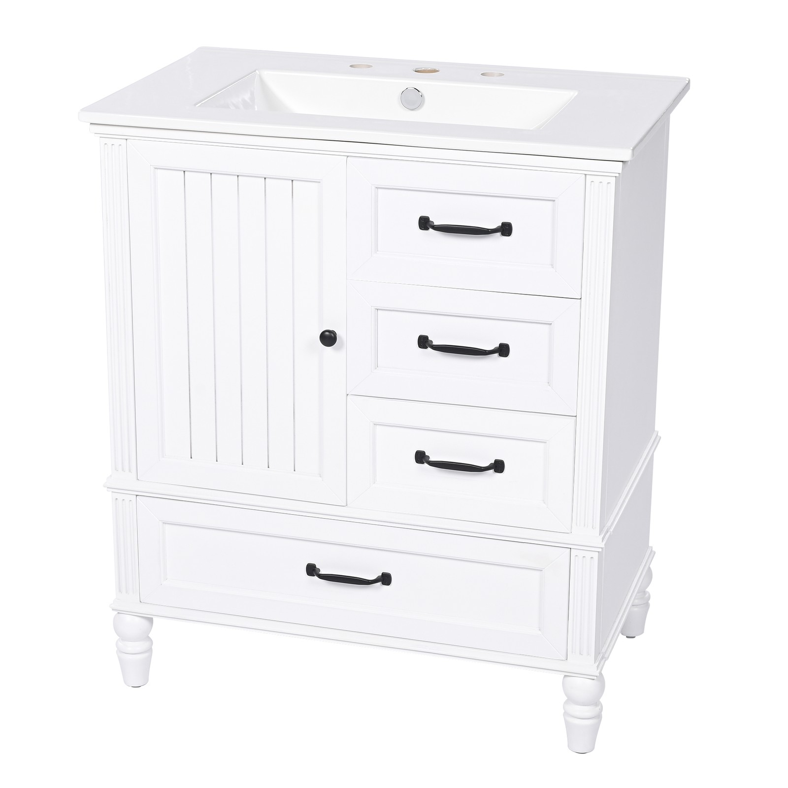 30″ Bathroom Vanity with Sink, Bathroom Cabinet with A Door, Three Drawers White