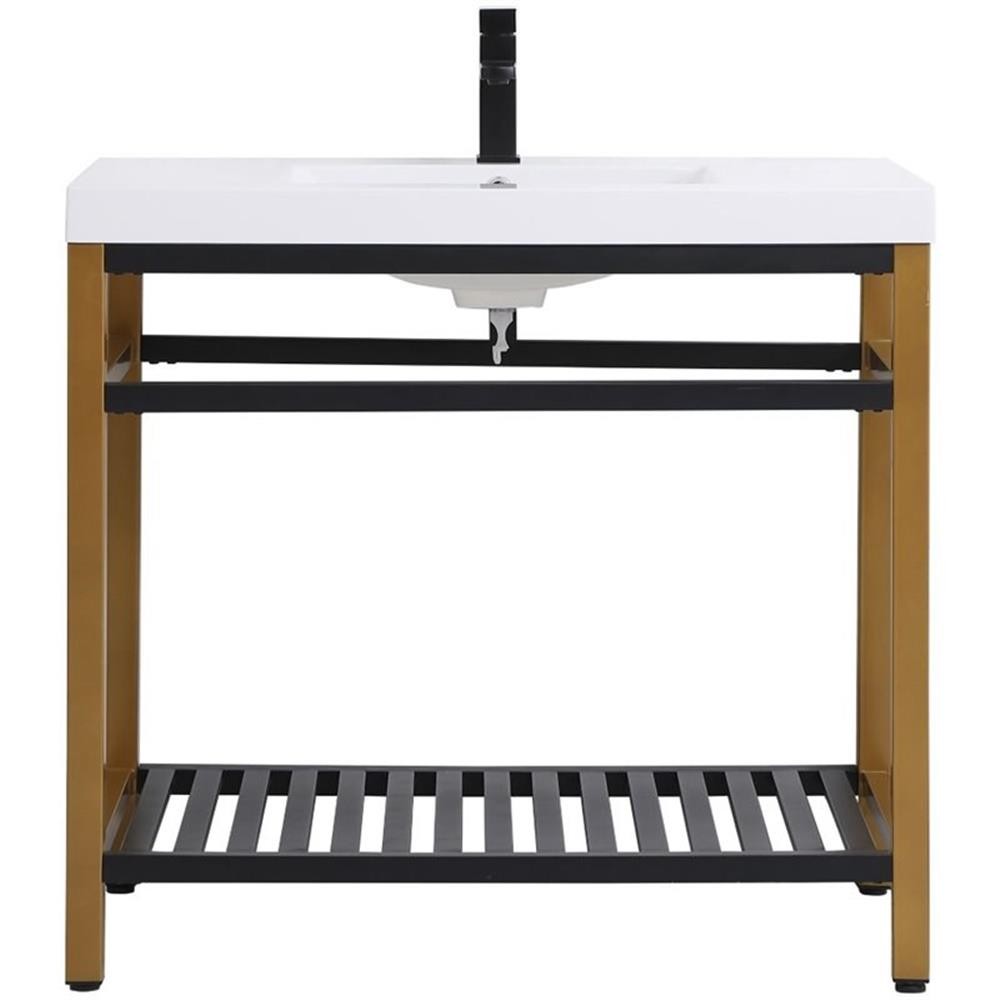 Pemberly Row 36″ Single Resin Top Metal Bathroom Vanity in Gold and Black