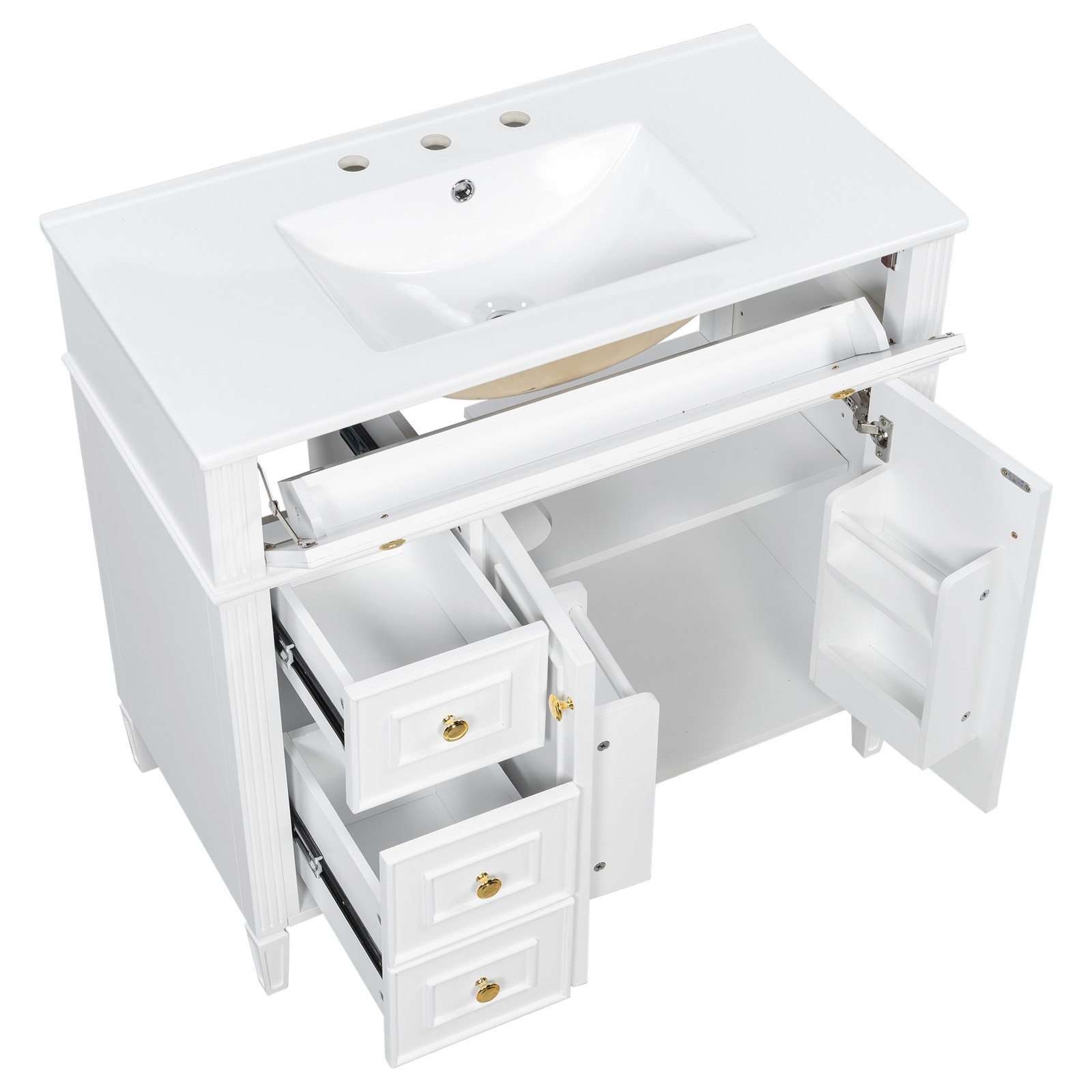 White 36 Inch Bathroom Vanity with Sink, Solid Wood Cabinet, Gold Handles