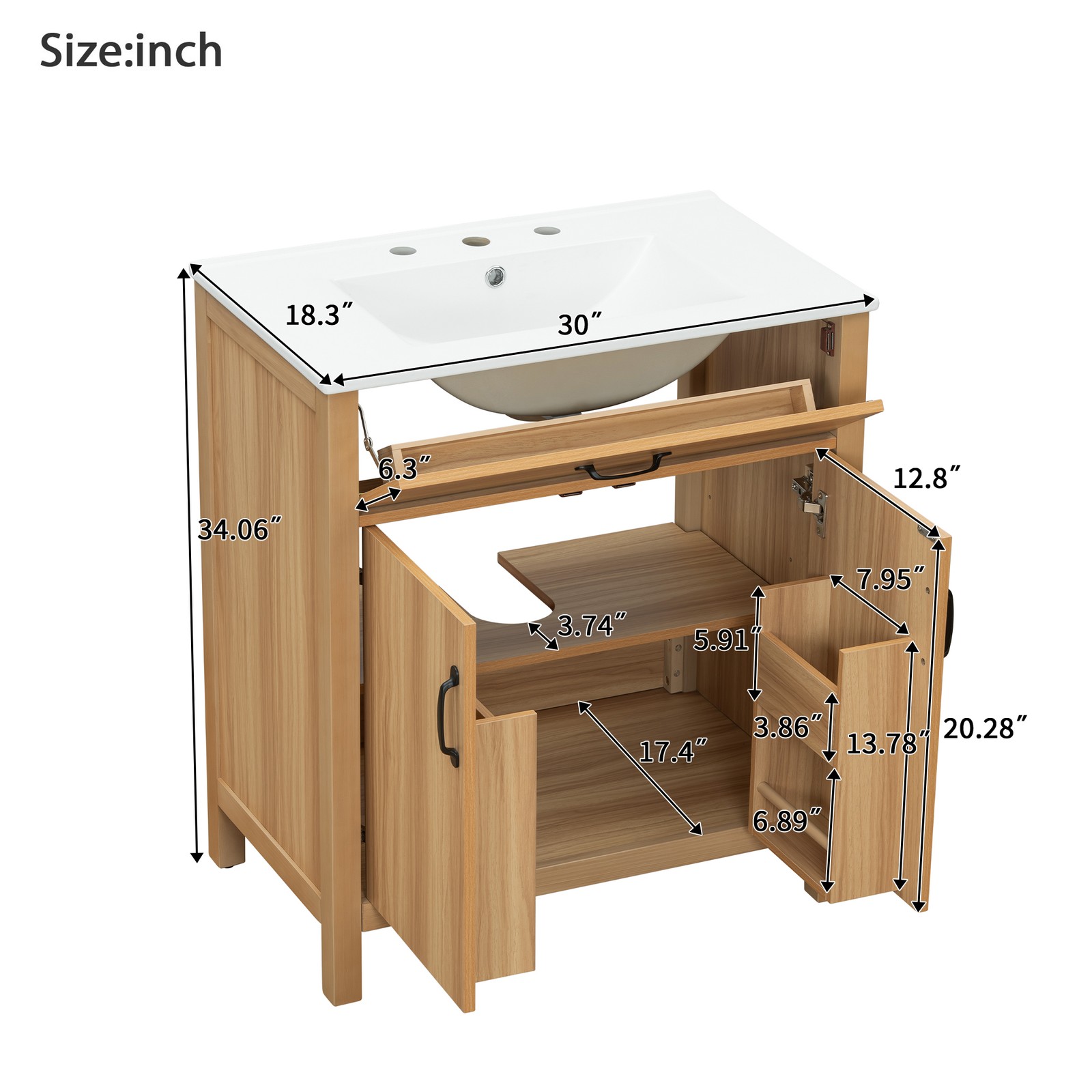 30″ Wood Bathroom Vanity with Solid Wood Frame, 2 Soft Close Doors,1 Flip Drawer