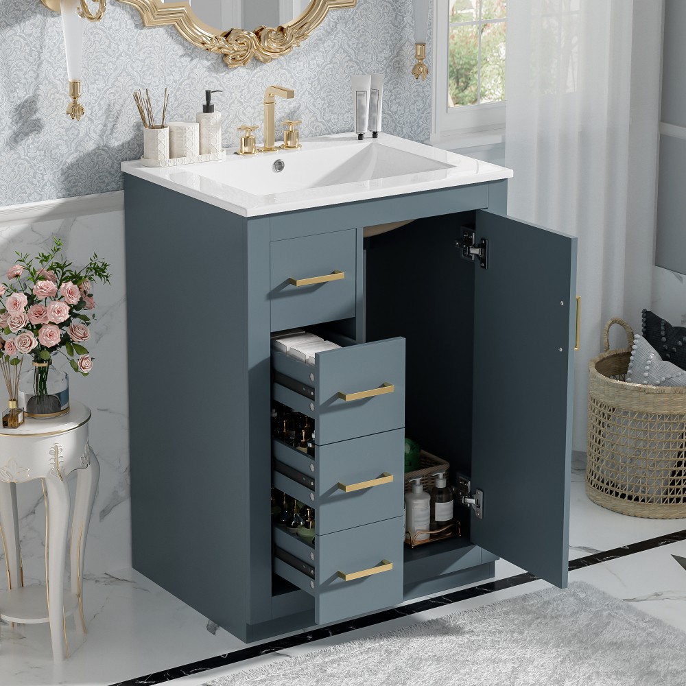 24 Inch Single Sink Bathroom Vanity Ceramic Top Drawers Storage Cabinet