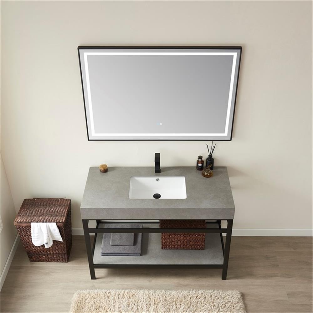 Funes 48″ Single Sink Bathroom Vanity in Matte Black Frame Gray Top w/ Mirror