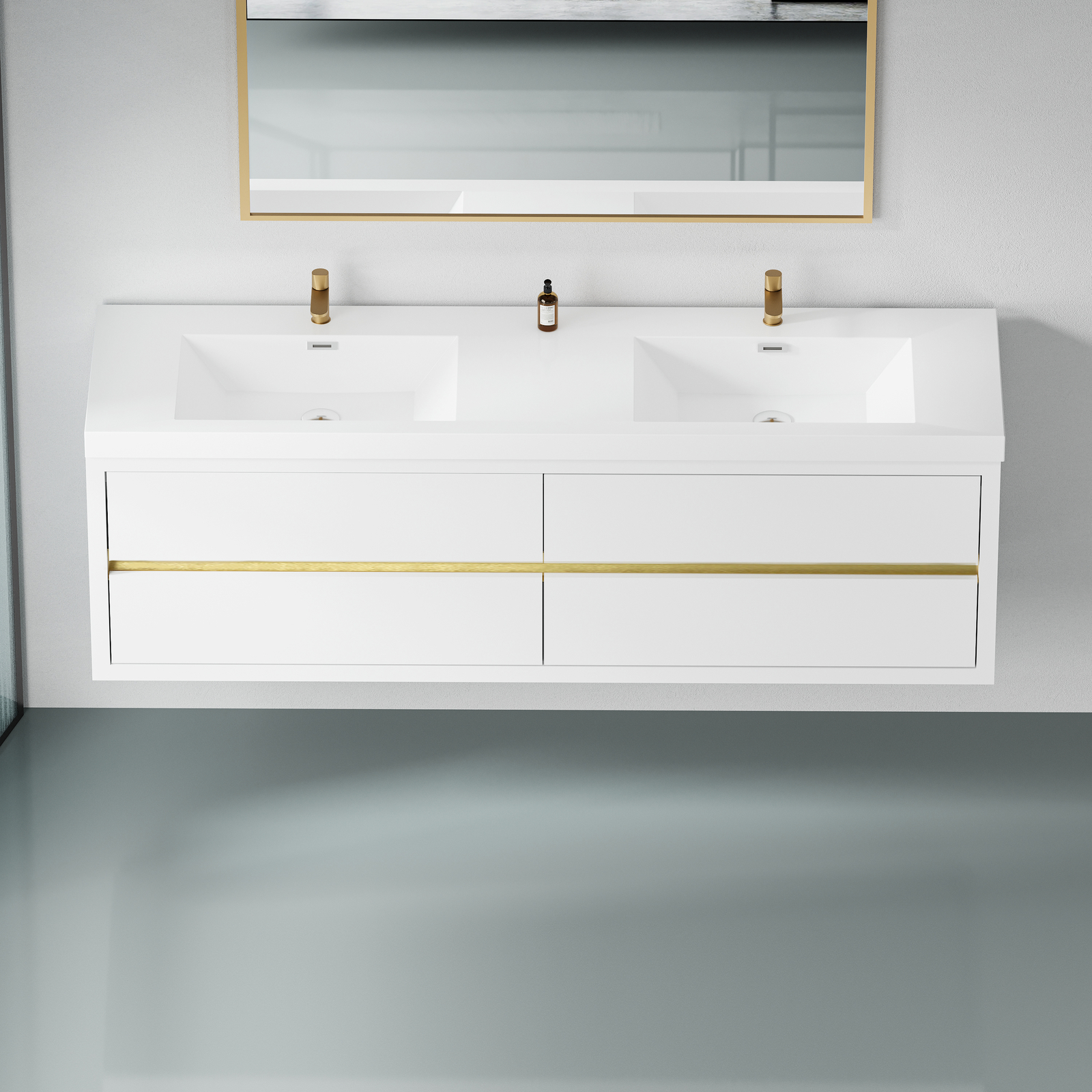 72″ Wall Mounted White Bathroom Vanity With Double Stone Resin Sink 4 Drawers