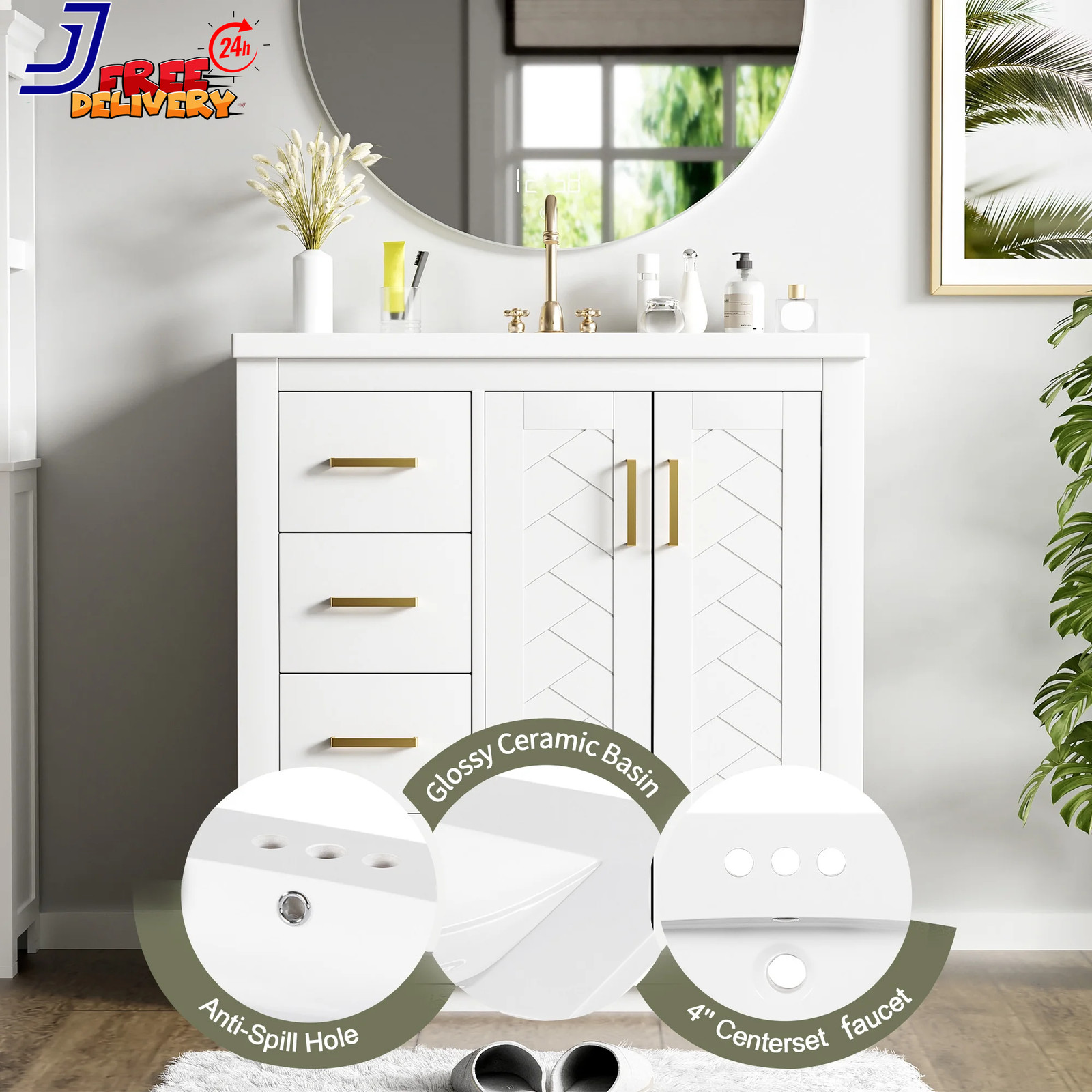 30” Bathroom Vanity w/Ceramic Sink Combo Solid Wood Frame Bathroom Storage Cabi