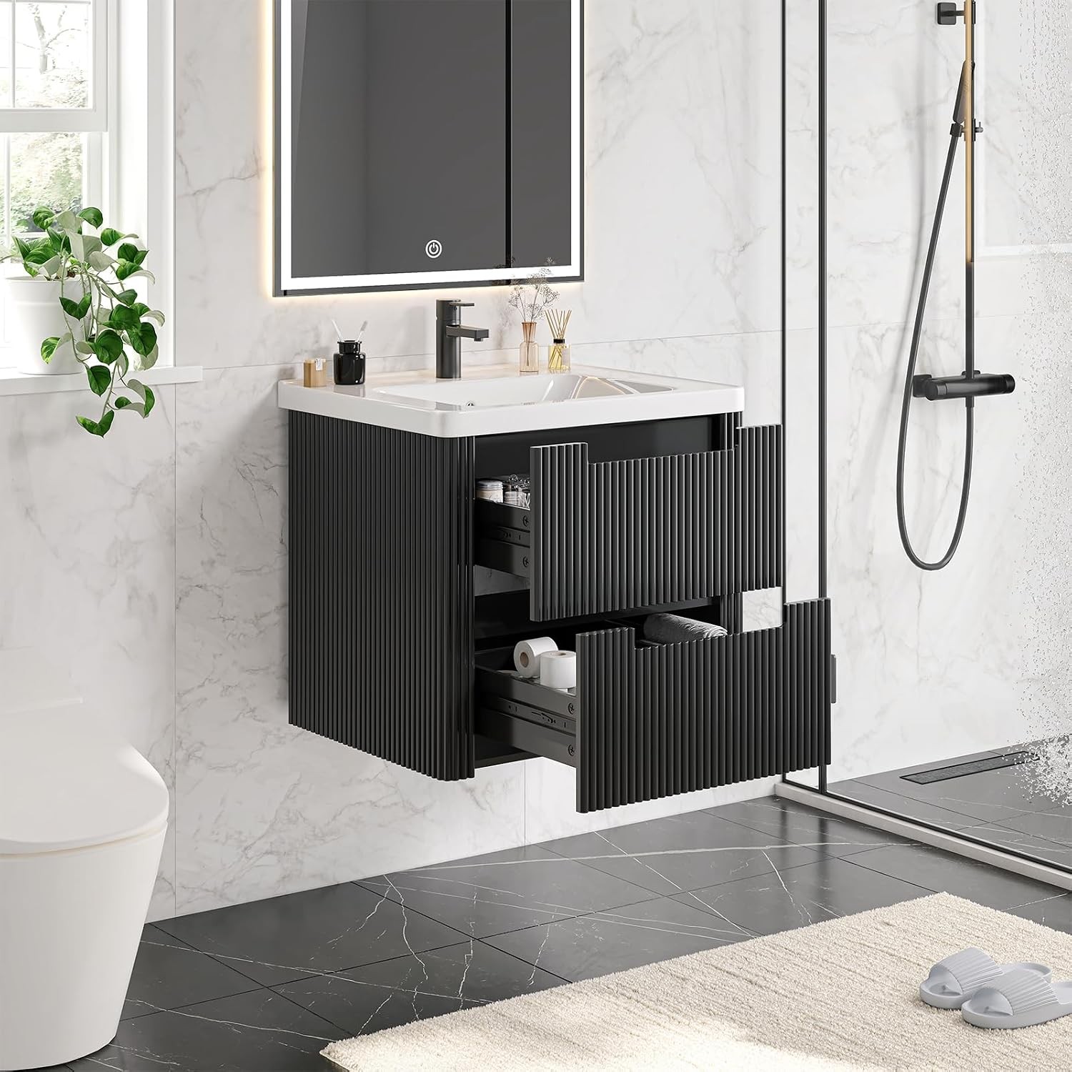 Modern Bathroom Vanity W/ Sink Combo Curved Floating Bath Vanity W/ 2 Drawers