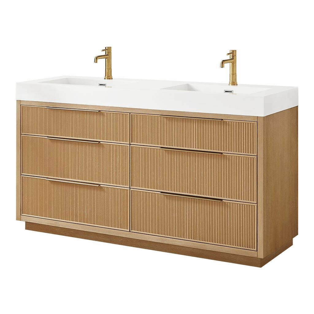 Hohhot 60″ Double Bath Vanity in Washed Ash Grey with White Stone Top