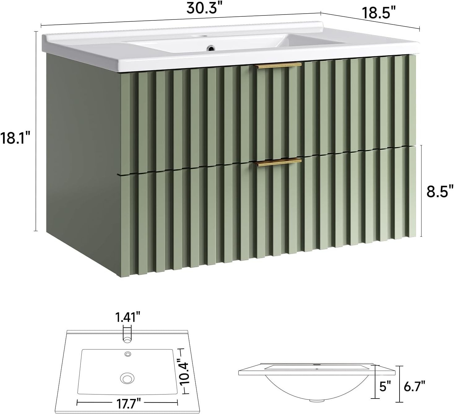 30 Inch Bathroom Vanity with Sink Combo Floating Bathroom Vanity with 2 Fluted