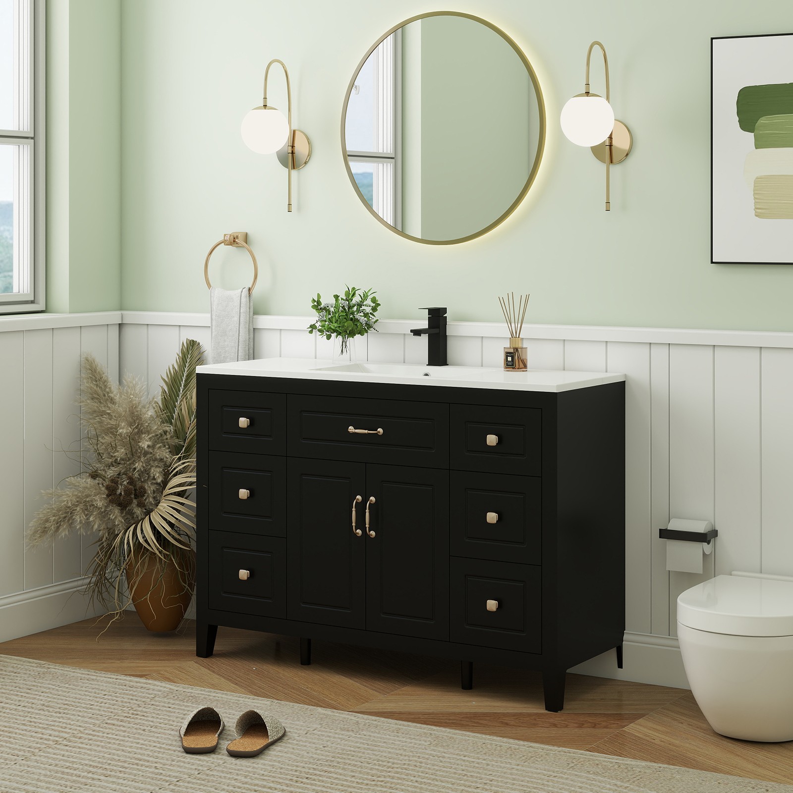 48″Bathroom Vanity with Sink Soft Close 2 Doors and 6 Drawers Freestanding Black