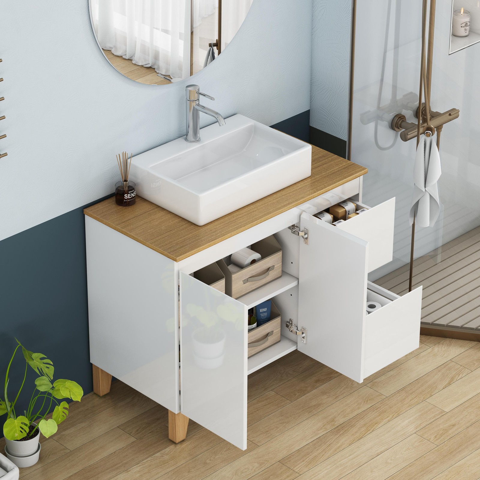36 Inch Bathroom Vanity with Sink Combo, Glossy White, Solid Wood Top