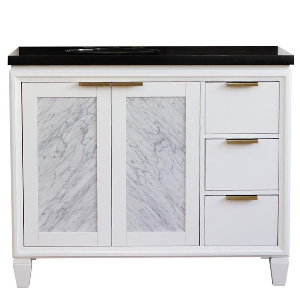 Pemberly Row 43″ Solid Wood Vanity with Left Oval Sink in White/Black Galaxy