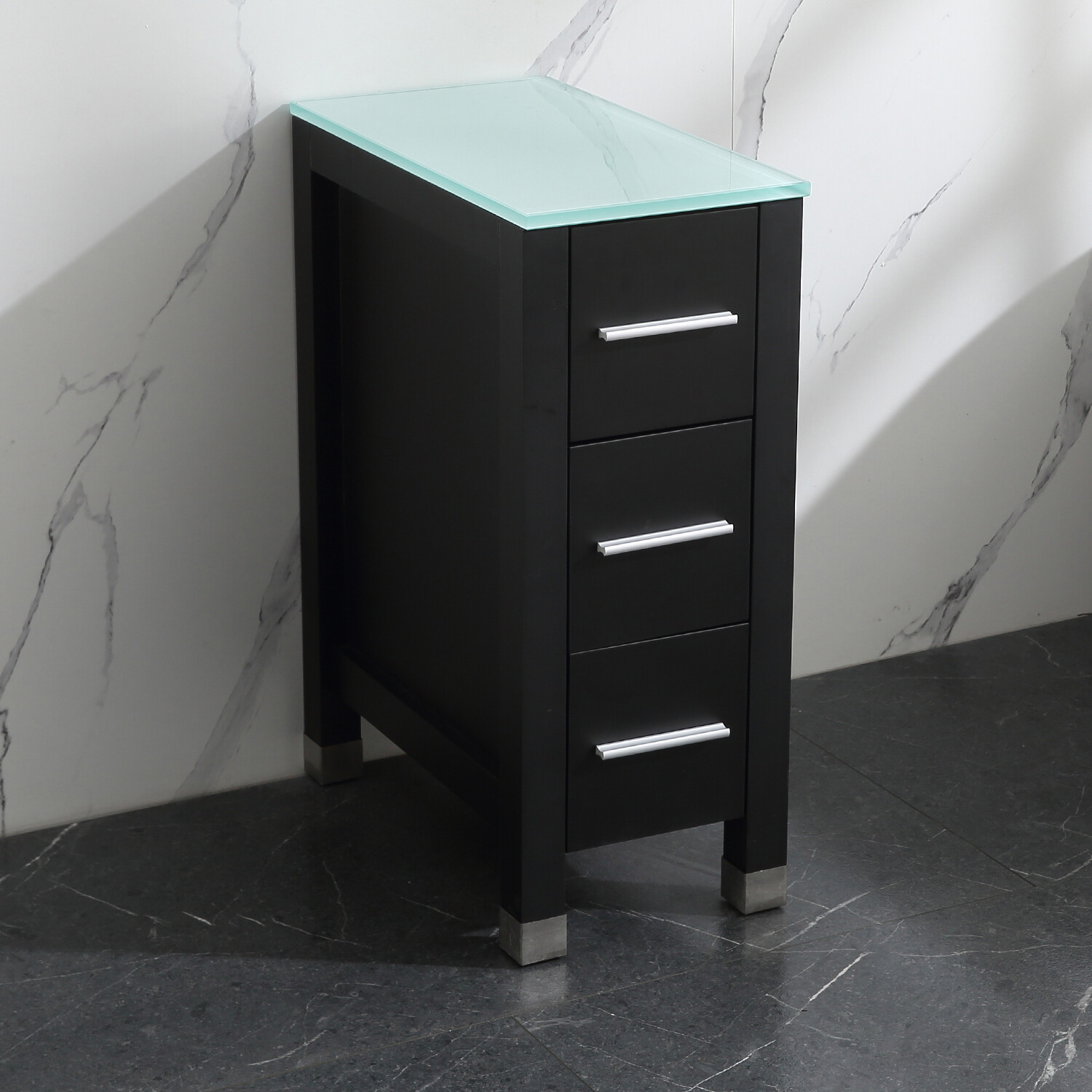 Modern Design Bathroom Vanity Small Cabinet Glass Top Black 3 Drawers Wood