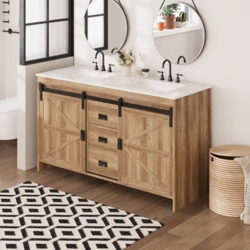 60″ Double Sink Bathroom Vanity, Farmhouse Cabinet With Stone Top Barn Door