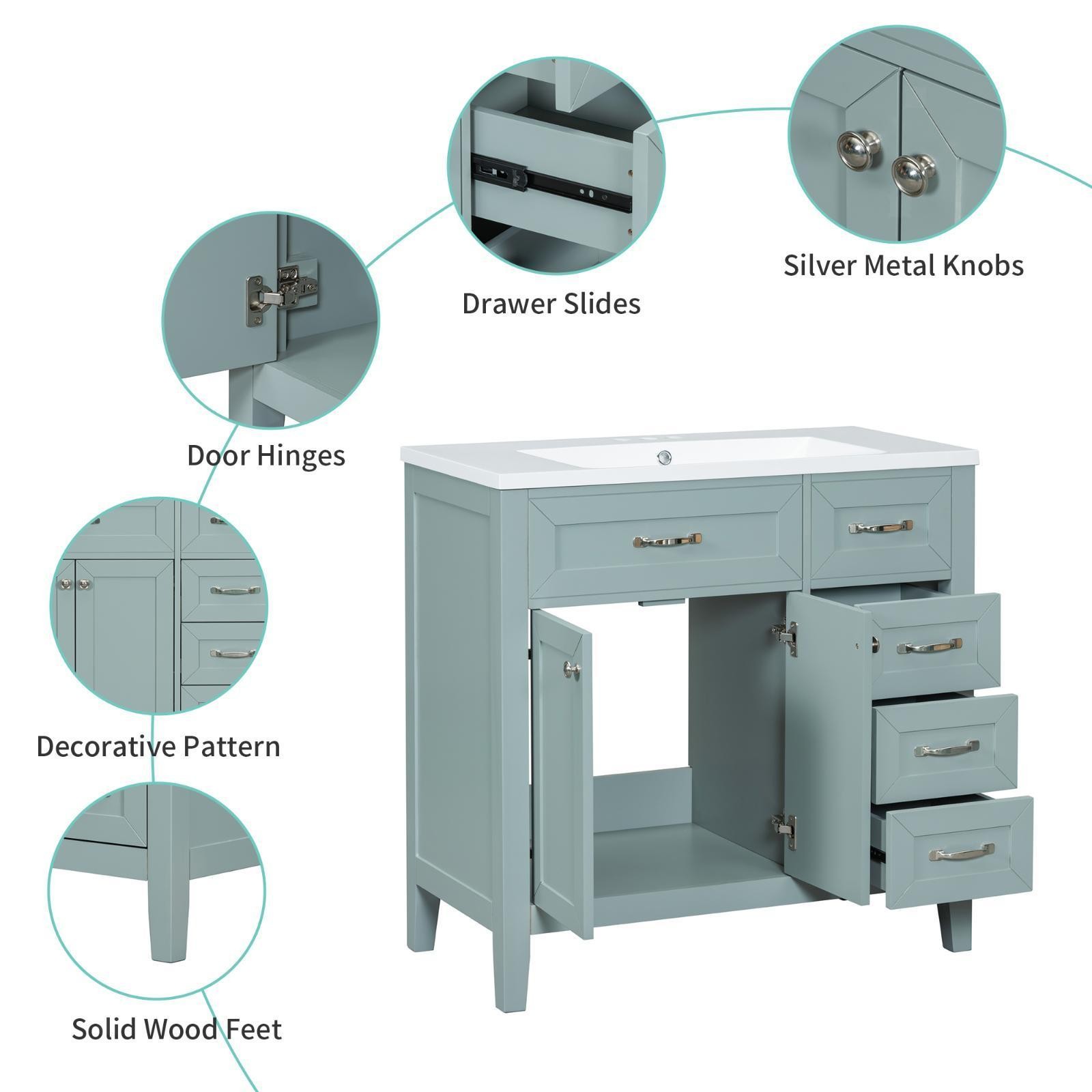 Stylish 36-Inch Green Bathroom Vanity with Ceramic Sink, Solid Wood Frame,
