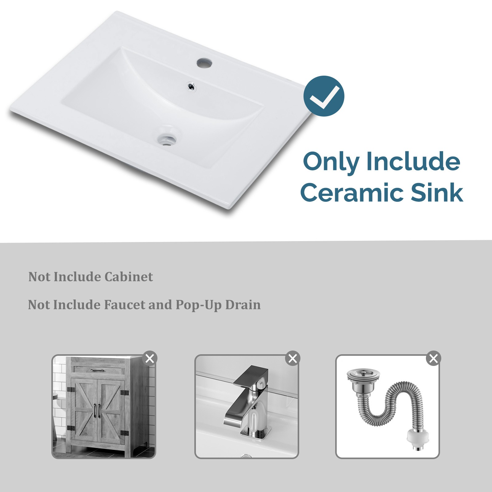 24″ Ceramic Vanity Top Sink, Modern Rectangular Bathroom Basin with Faucet Hole