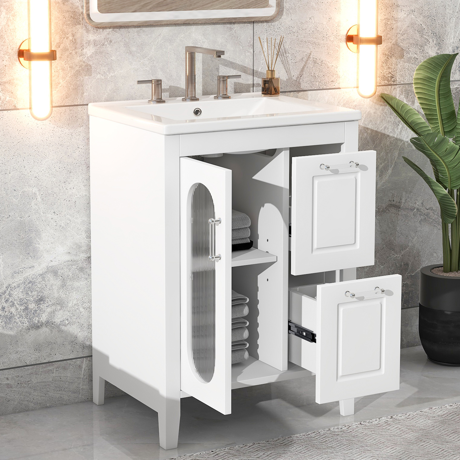 24″ Bathroom Vanity with Sink Combo Basin Vanity Set w/Ceramic Sink Top