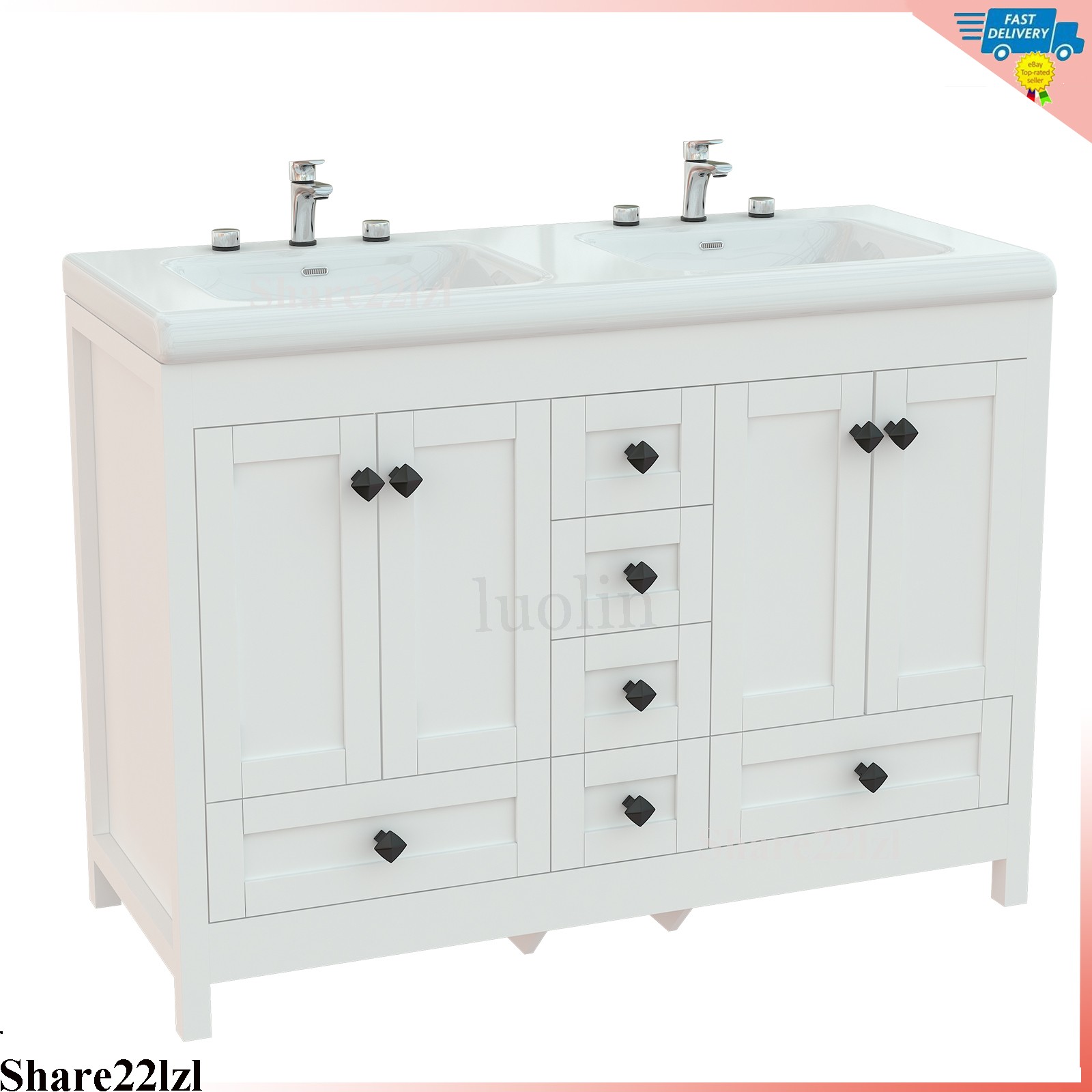 47″ Bathroom Vanity Double Sink Ceramic Freestanding Cabinet 5 Drawers,White