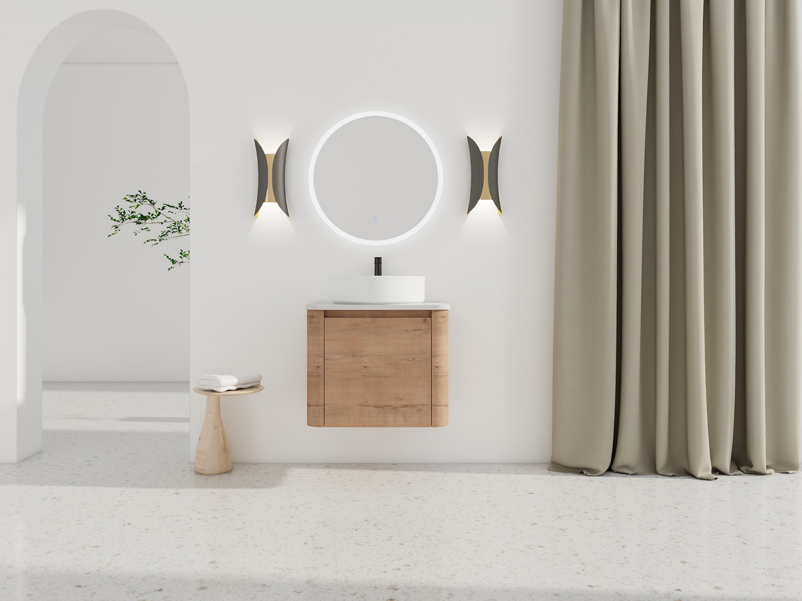 24 In Bathroom Vanity With White Flat Stone Slab Top White Ceramic Vessel Sink