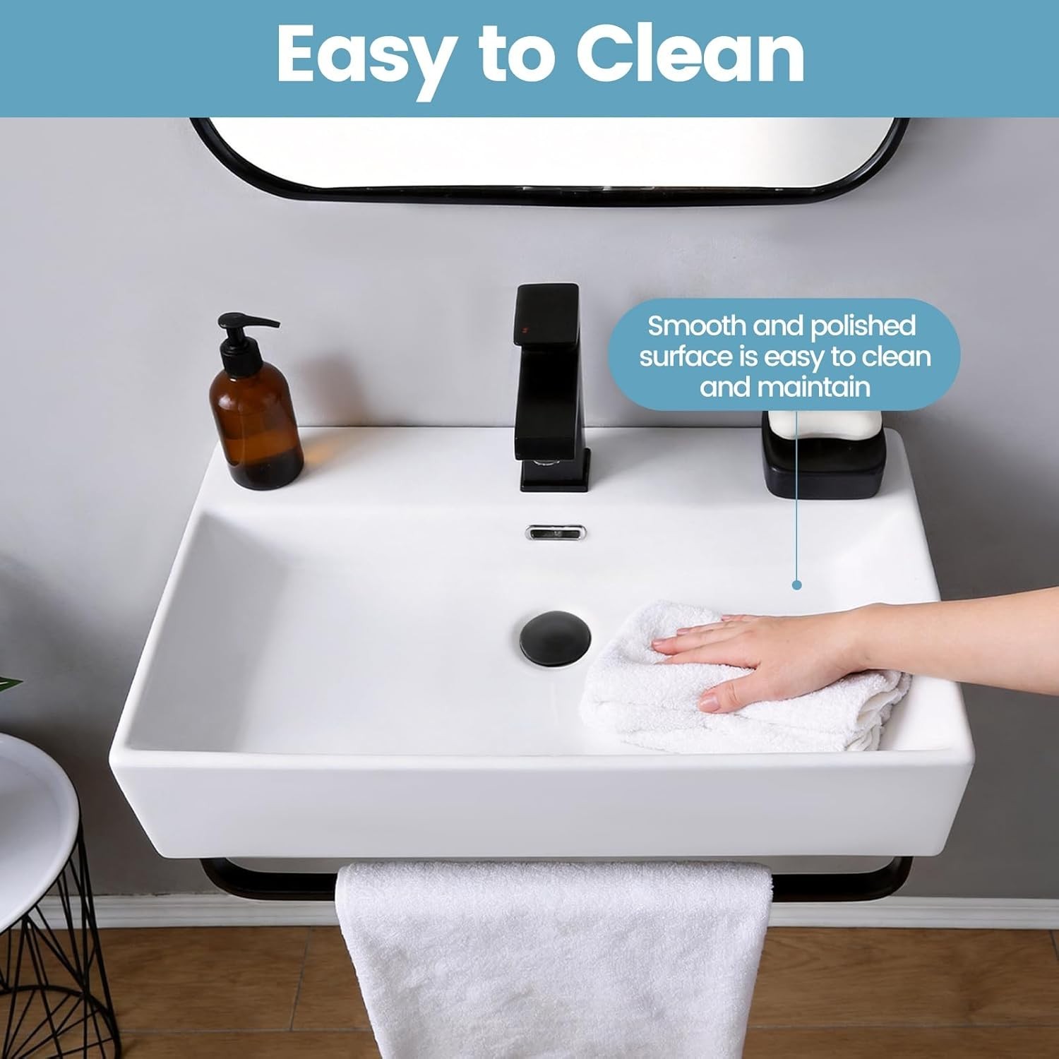 24″ Wall Mount Sink with Towel Rack – Small Ceramic Floating Bathroom Basin