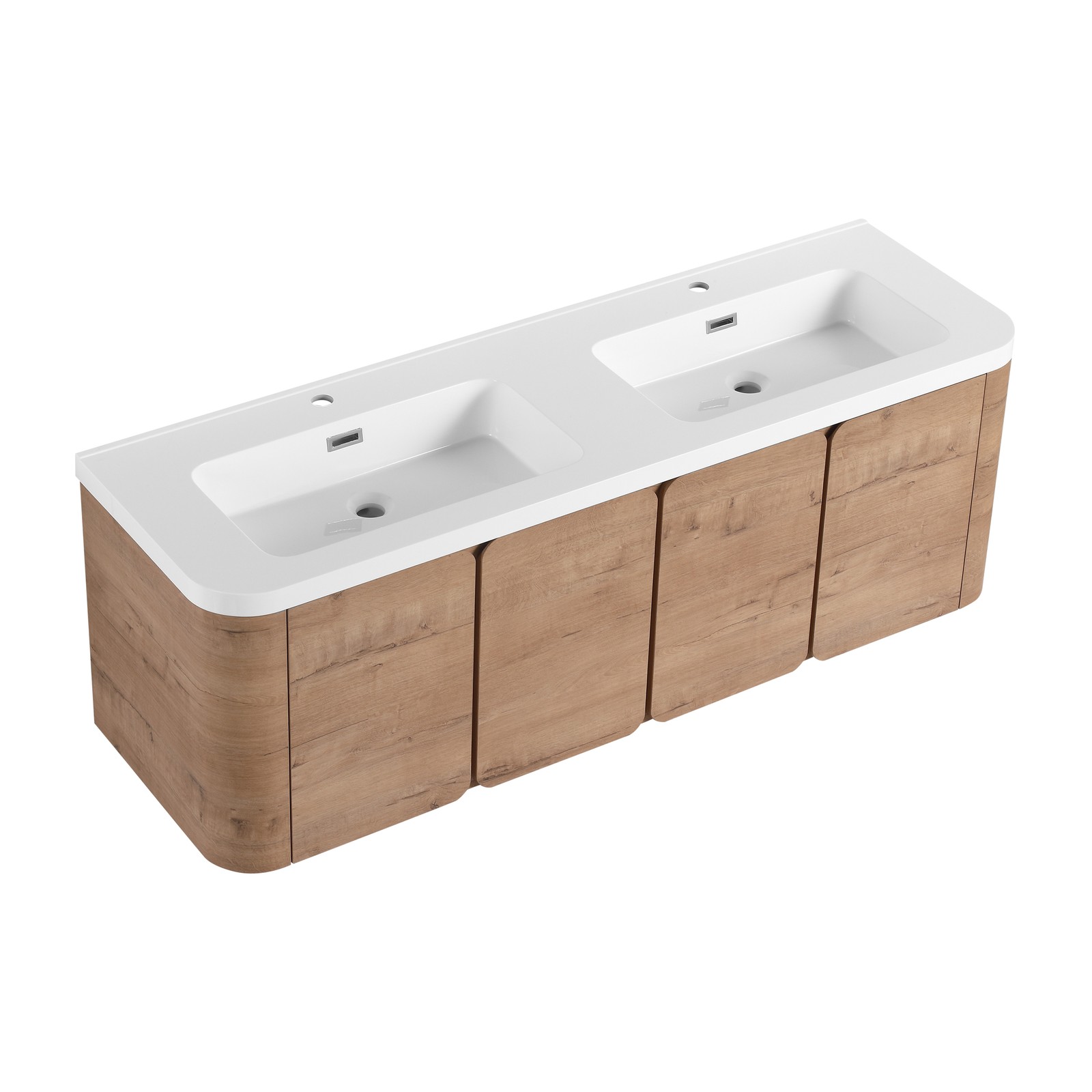 60in Plywood Wall-Mounted Bathroom Vanity with White Double Resin Sink 4 Doors