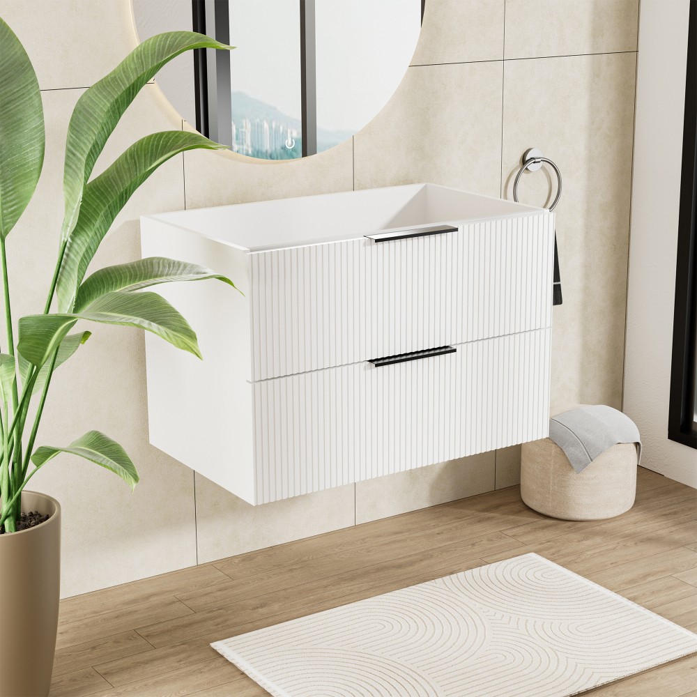 30″ Bathroom Vanity with Ceramic Sink, White Wall Mounted Fluted Cabinet