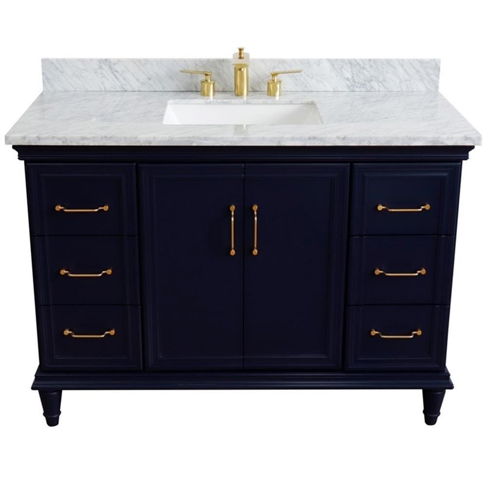 49 in. Single Wooden Vanity Blue with White Carrara Marble Rectangle Sink