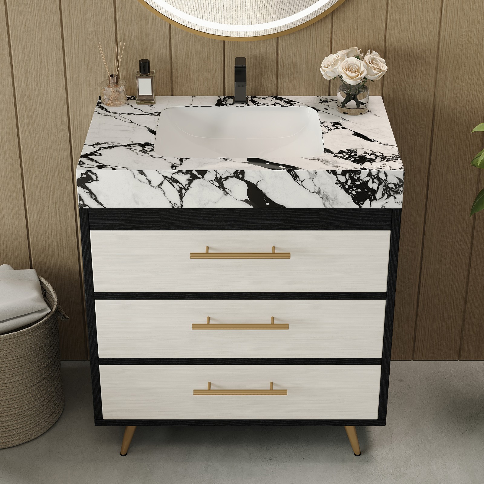 Modern Free-Standing Vanity with Sintered Stone Top & Ceramic Sink