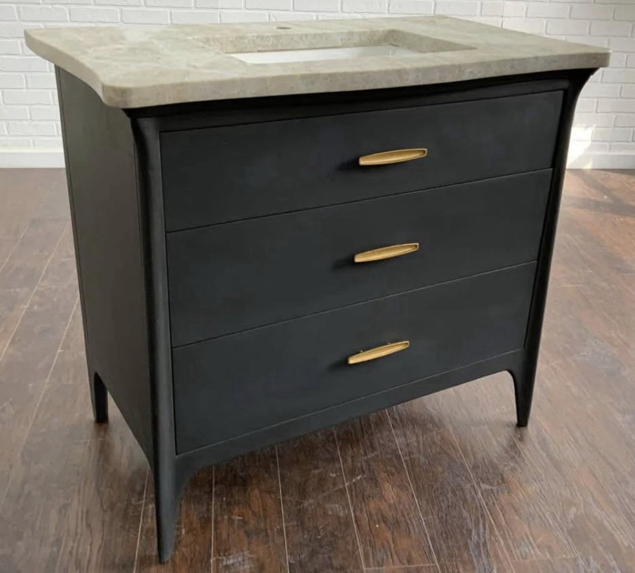 38×21 Black Art Deco Freestanding Single Sink Vanity, Stone Top, 3 Drawers