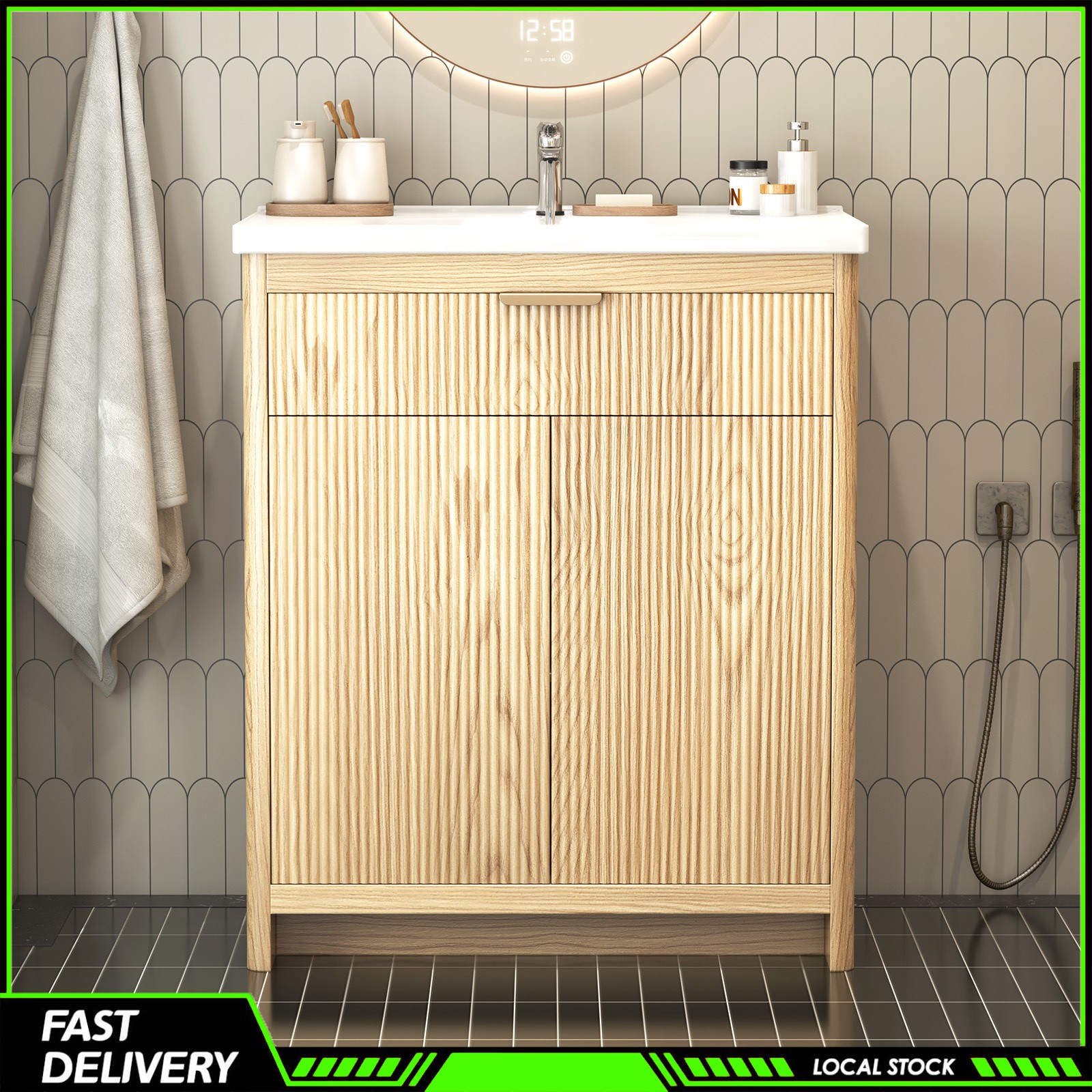 31″ Bathroom Vanity with Ceramic Sink, Modern Storage Cabinet w/ Doors & Drawers