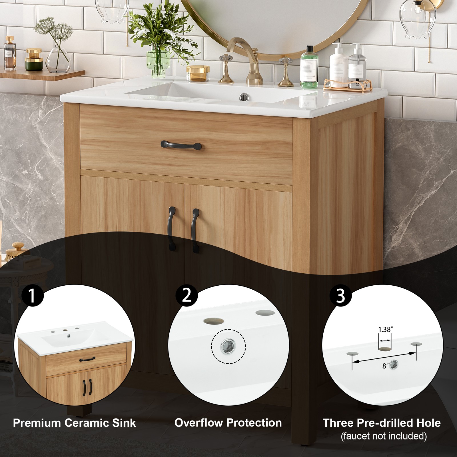 30″ Wood Bathroom Vanity with Solid Wood Frame, 2 Soft Close Doors,1 Flip Drawer