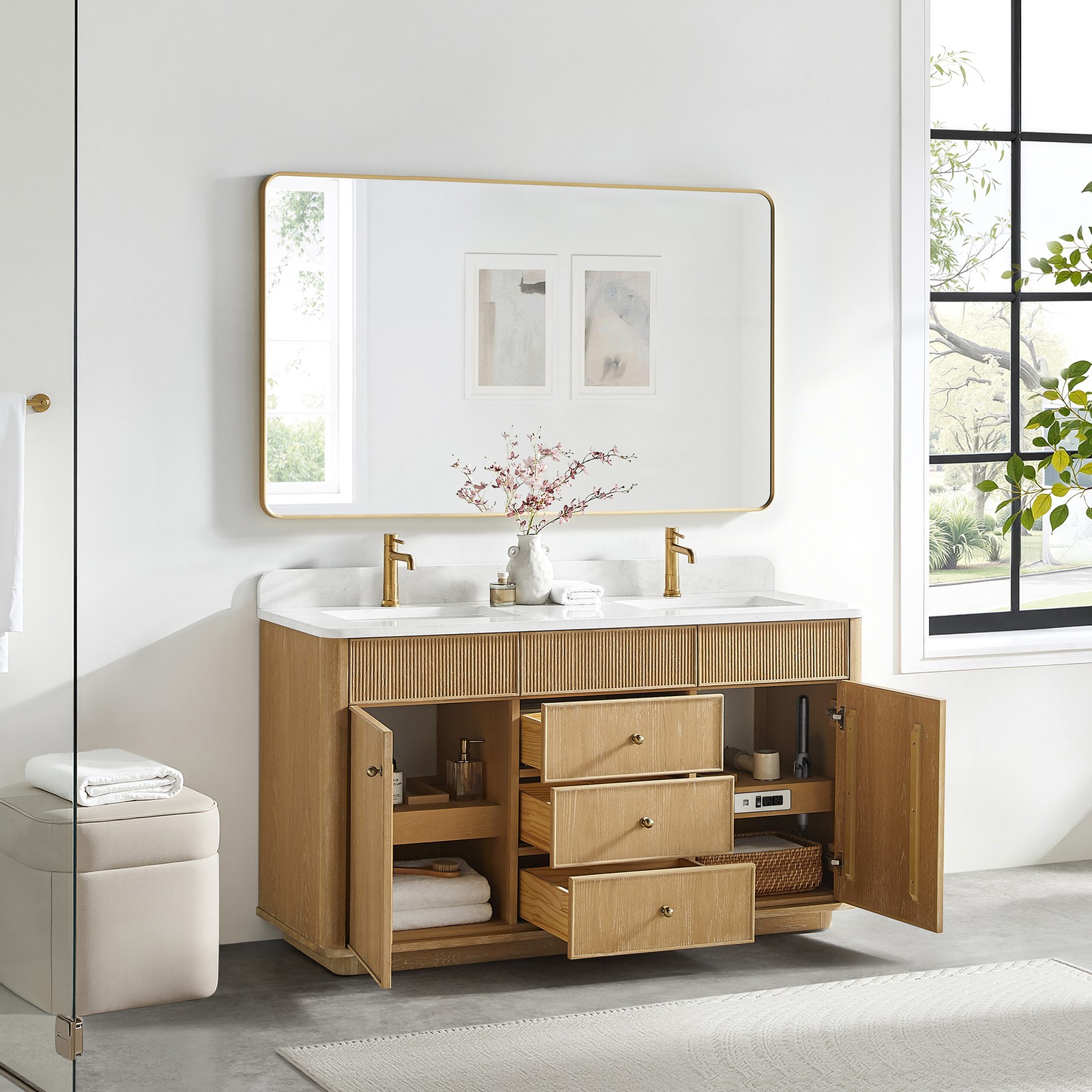 Zogno 60″ Solid Wood Double Bath Vanity in Washed Ash Gray with White Stone Top