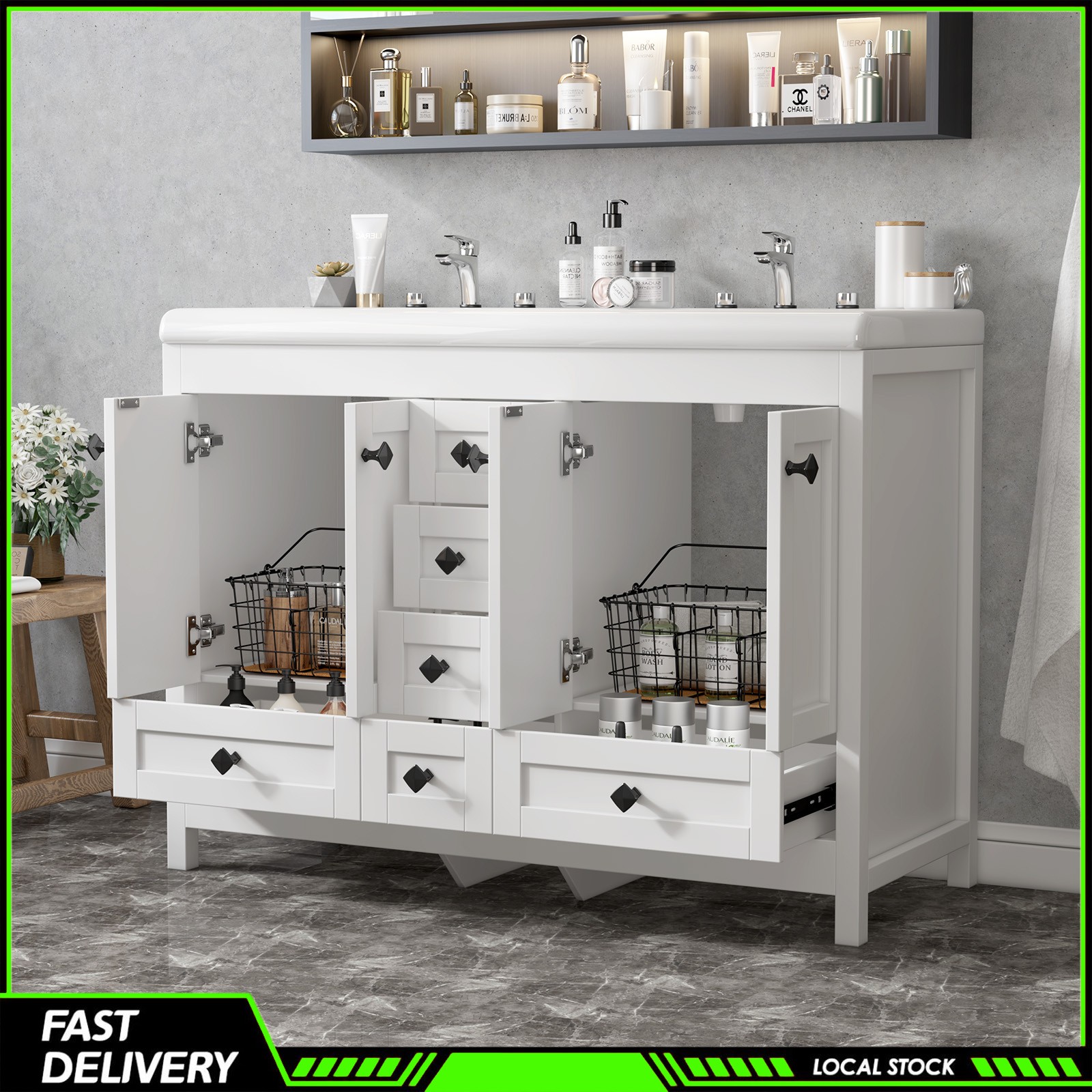 47″ White Bathroom Vanity Double Ceramic Sinks Freestanding Cabinet w/ 5 Drawers