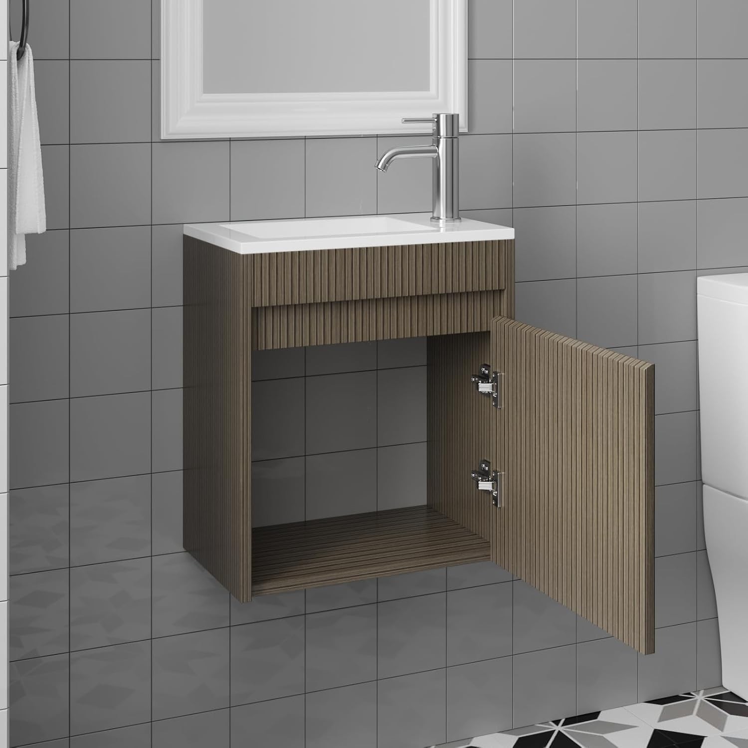 16″ Bathroom Vanity Wall Mount Cabinet with Sink Faucet Vessel Drain Combo Set