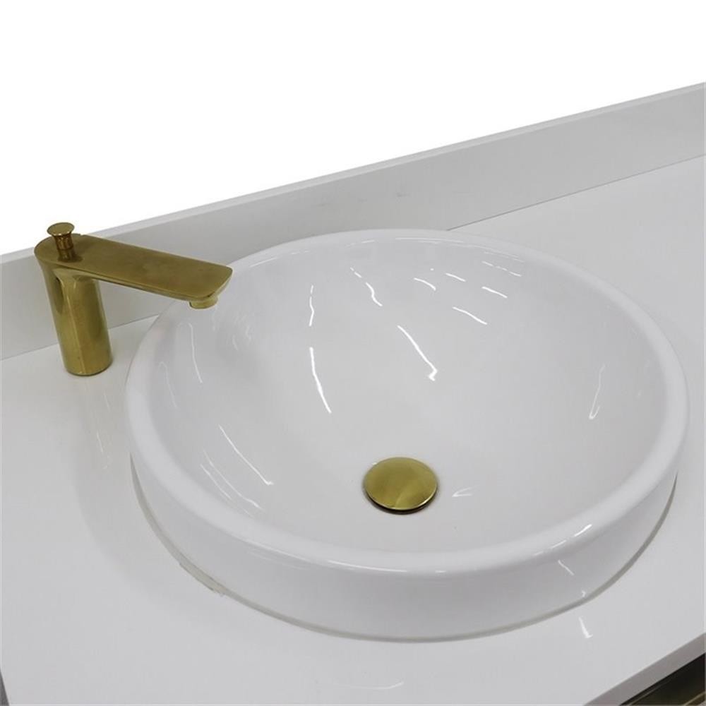 Pemberly Row 61″ Double Round Sink Vanity in Dark Gray/White Quartz Stone