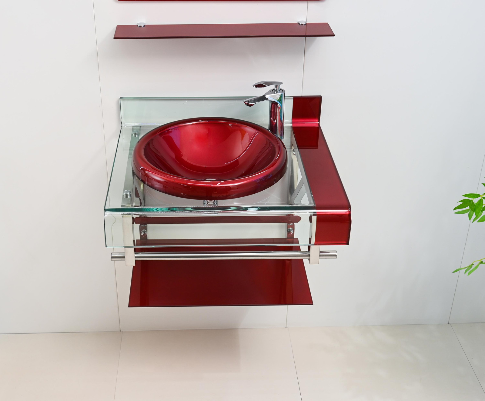 24″ Wine Red Glass Bathroom Vanity set Floating Sink-top Mirror Shelves combo