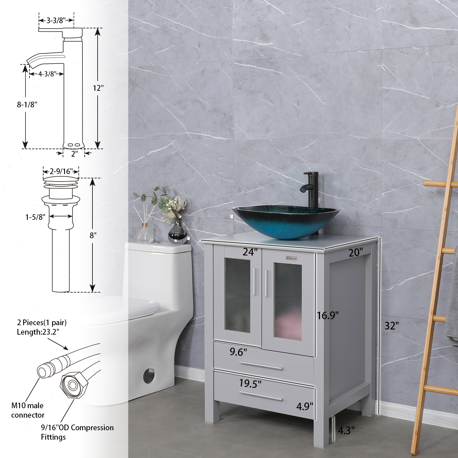 24″ Gray Bathroom Vanity Set Tempered Glass Vessel Sink Faucet Combo No Mirror