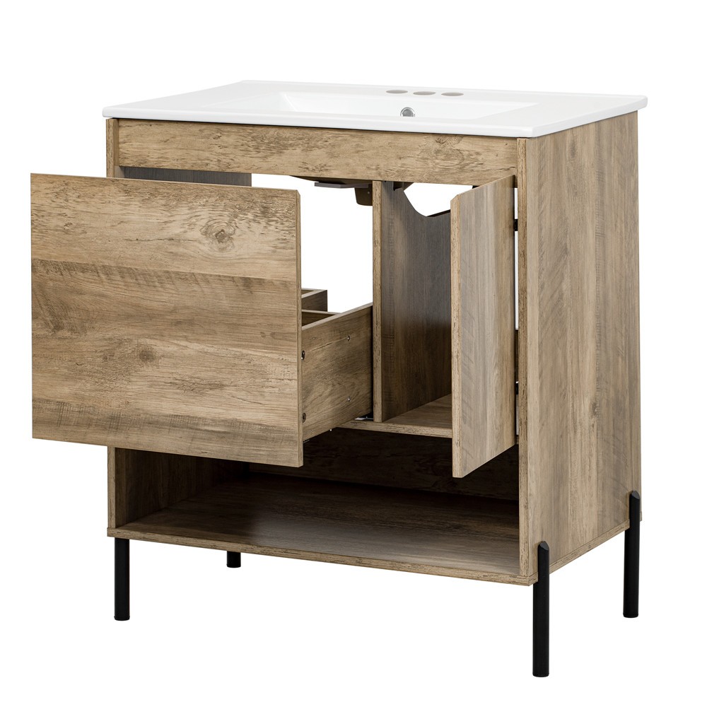 30″ Bathroom Vanity w/Ceramic Sink,Freestanding Vanity Cabinet,Open Shelf,Drawer