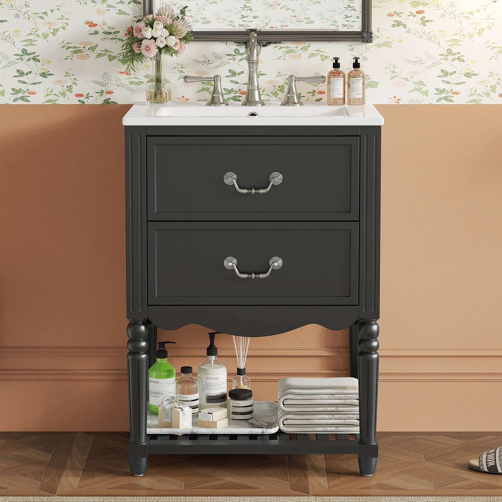 FUNIDEE 24″ Vintage Bathroom Vanity Storage Cabinet with Ceramic Sink Black
