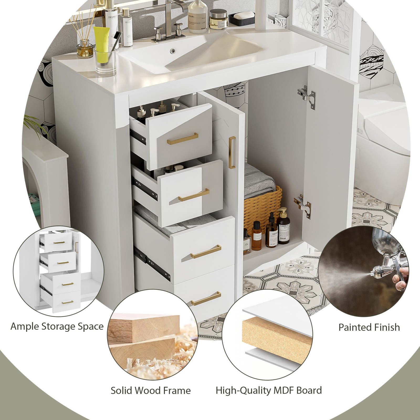 36″ Bathroom Vanity with Ceramic Sink, Solid Wood Frame, 3 Drawers & Doors